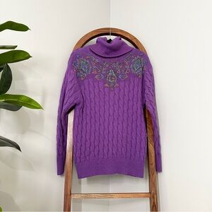 Vintage IB Diffusions MEDIUM 100% Silk Purple Beaded Knit Turtleneck Sweater